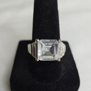 Silver Tone Square Cut Stone Fashion Ring, Size 7.75